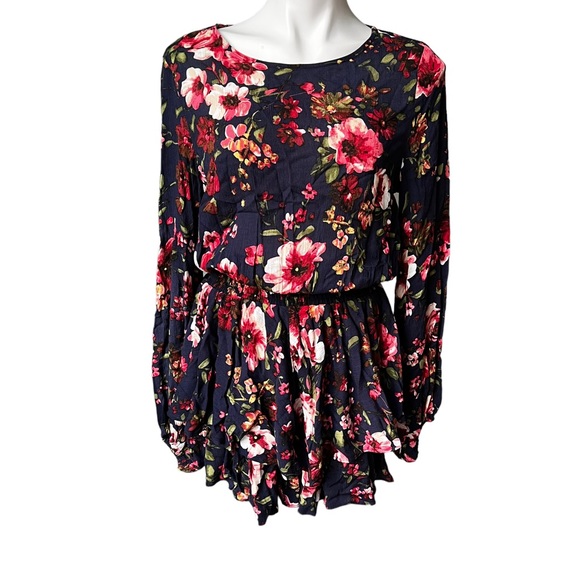 NWT, BluIvy Navy Floral Tiered Ruffle Hem Cinch Waist Dress, sz S - Picture 5 of 12